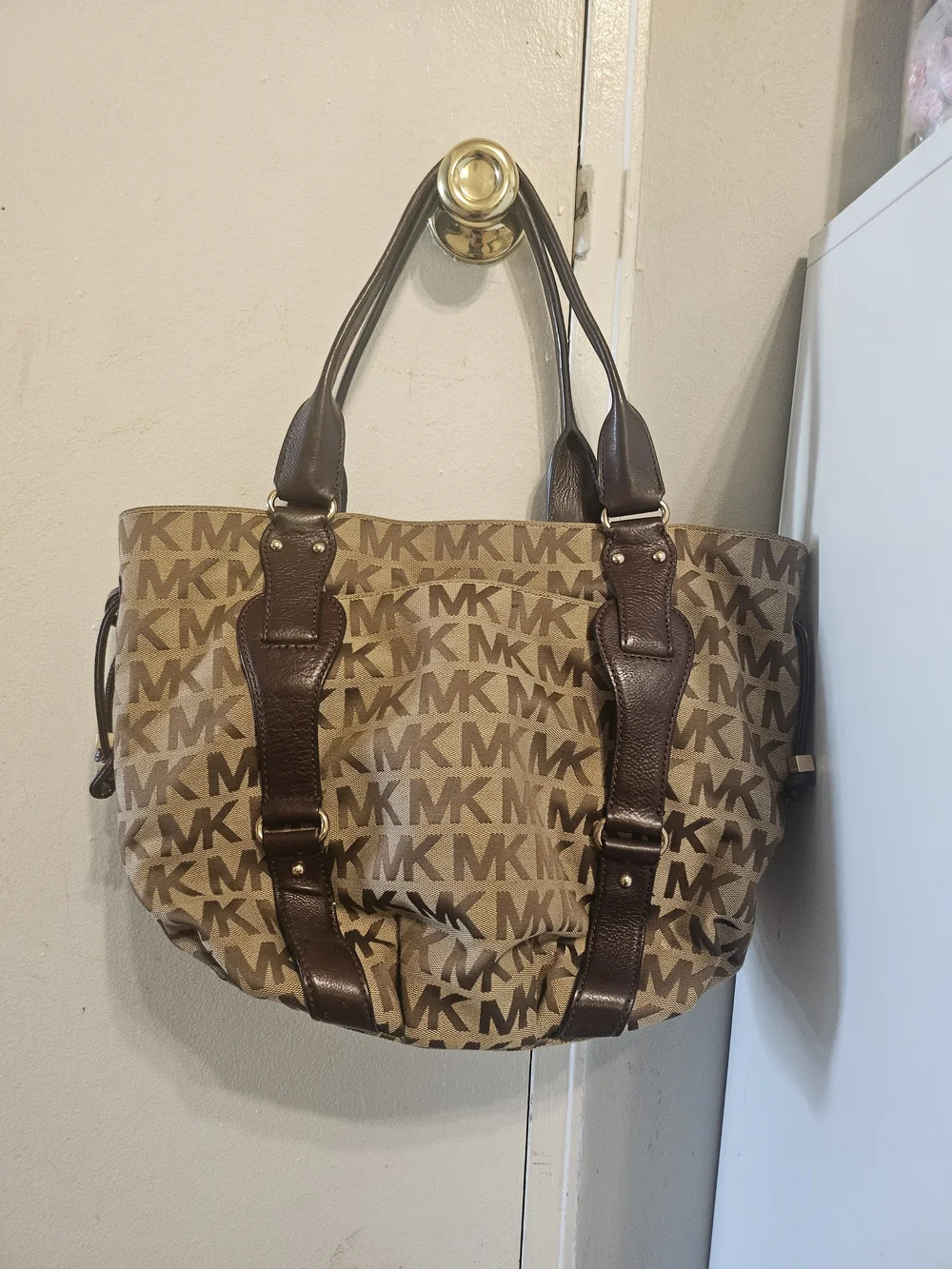 Michael Kors Brown Monogram Tote with Gold MK Charm